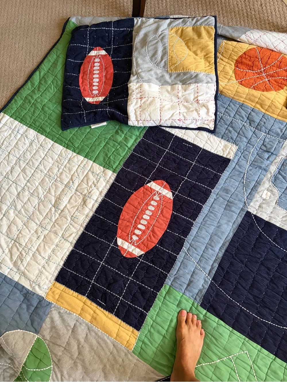 Pottery Barn Kids Navy Blue, Green, Orange, Yellow Sports Patchwork Quilt